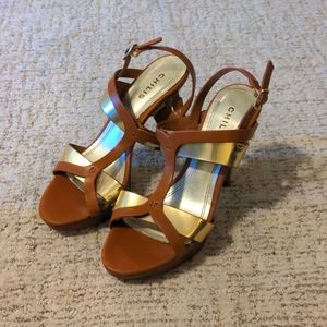 Tan and gold heels